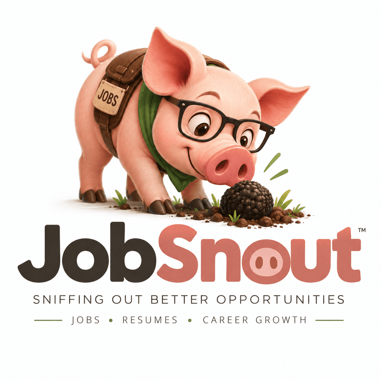 JobSnout pig mascot with glasses sniffing a truffle, with JobSnout logo